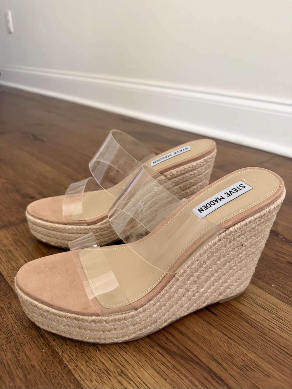Steve Madden Clear-Strap Espadrille Wedges in Beige